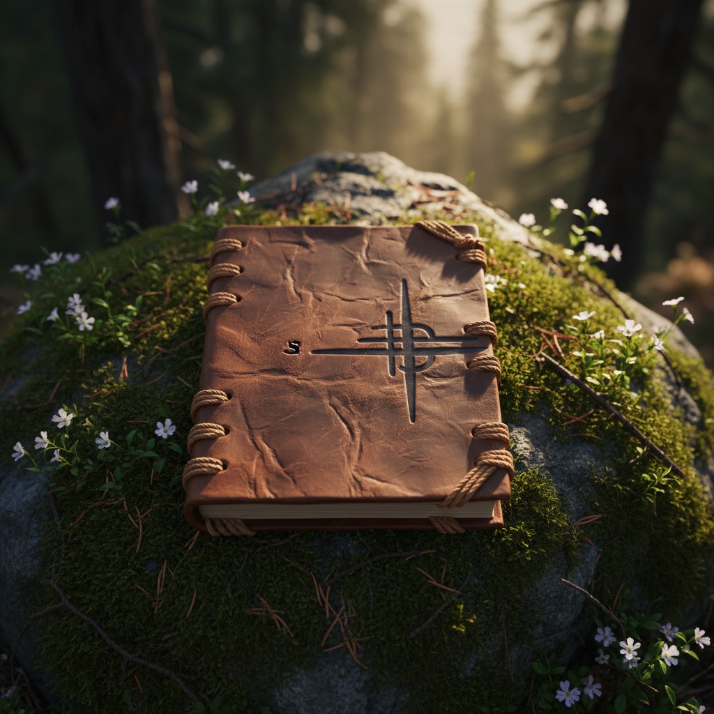 A leather-bound book sitting on a moss-covered rock in a forest, with the cover featuring a symbol of a sword and shield.